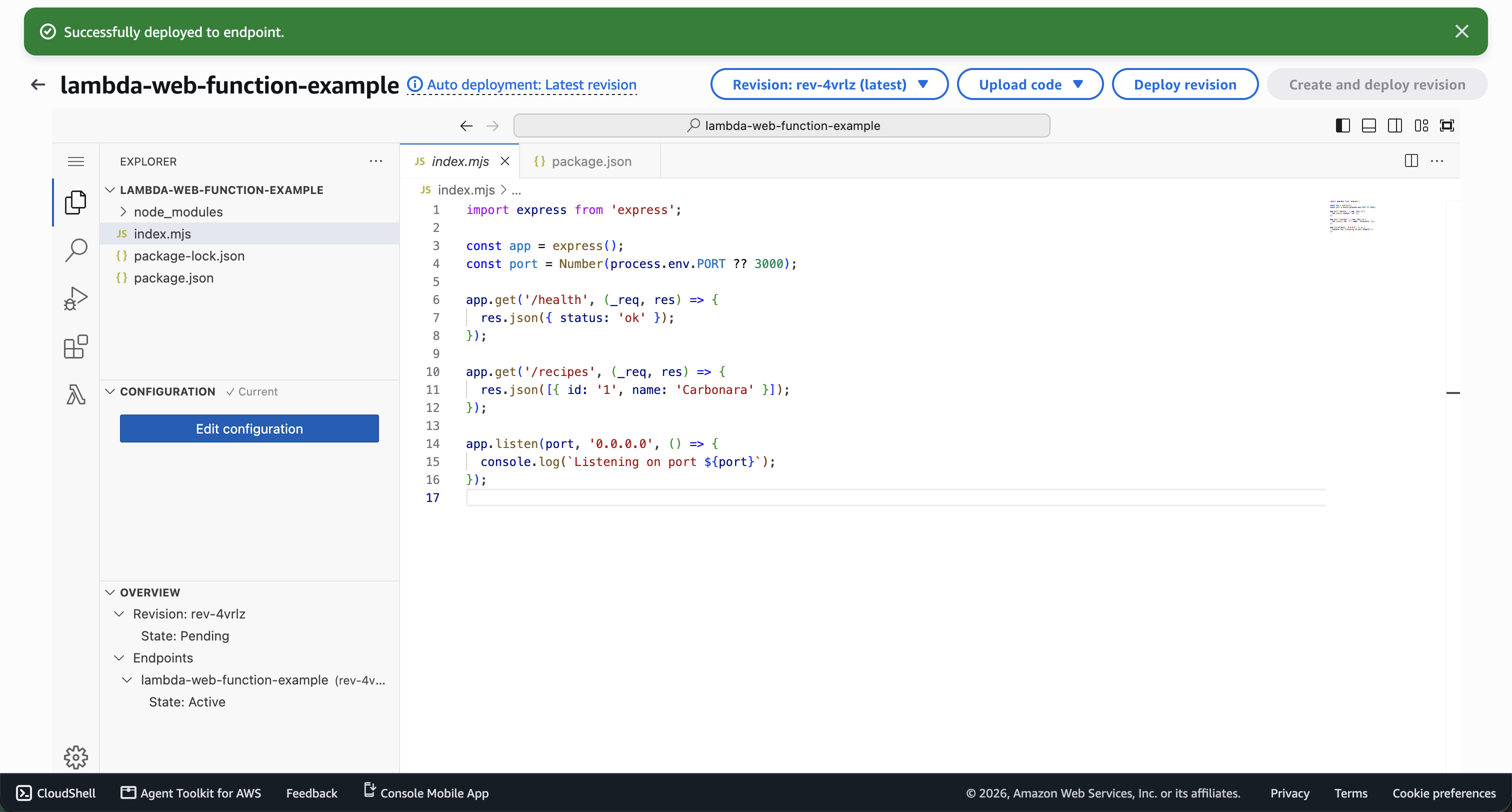 AWS Console - Lambda Web Function - Successfully deployed
