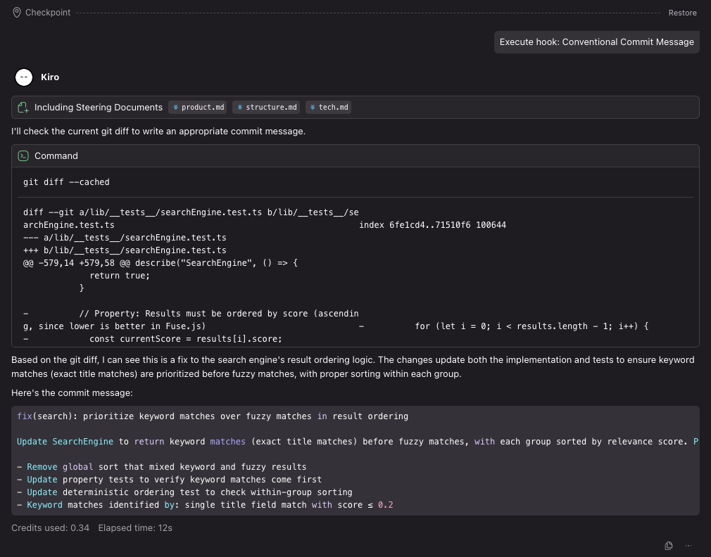 PeteScript - Kiro Conventional Commit Hook Usage and Output